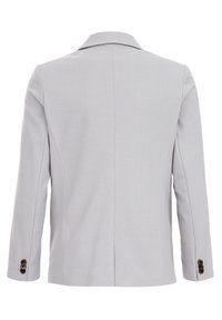 Ljusgrå blazer, skräddarsydd passform, notch-krage, enkel sprund, med tre mörka knappar på varje ärm och ett slätt, strukturerat tyg.