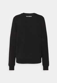 Sweat-shirt noir à manches longues avec poignets et ourlet côtelés, comportant un petit texte blanc "KARL LAGERFELD" au niveau de l'arrière du col.