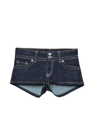 Short en denim bleu foncé avec fermeture à double bouton, poches avant et coutures blanches visibles sur fond blanc.