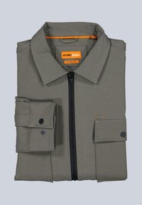 Slim-Fit graues Hemd aus Stoff mit glatter Textur. Verfügt über einen Vorderreißverschluss, knöpfbare Manschetten und ein orangenes Akzentetikett.