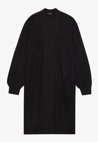 Cardigan preto de malha com mangas longas, frente aberta e dois bolsos frontais. Apresenta um padrão texturizado e punhos e bainha canelados.