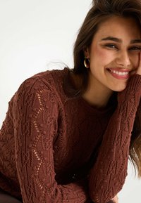 Pull en laine brun tricoté avec des motifs en dentelle complexes et des poignets côtelés. Texture douce, encolure ronde et coupe décontractée.