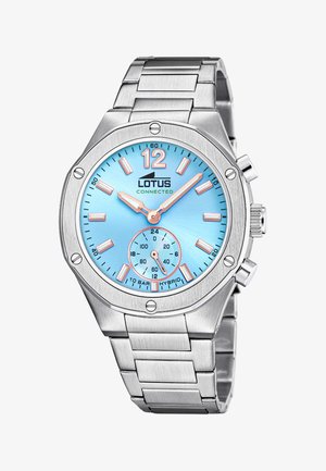 Orologio ibrido Lotus in acciaio inox argentato con quadrante azzurro, indici delle ore in oro rosa e due quadranti secondari che mostrano le 24 ore e i secondi.
