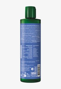 Grüner Plastikbehälter mit einem Klappdeckel. Das Etikett zeigt einen blauen Hintergrund, weißen Text und eine detaillierte Zutatenliste. Größe: 200 ml.