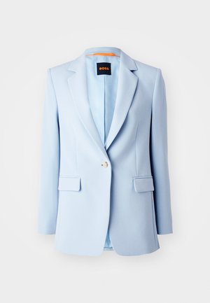 Light blue tailored blazer with a single button, notched lapels, and two front pockets. Lined with a contrasting orange interior.