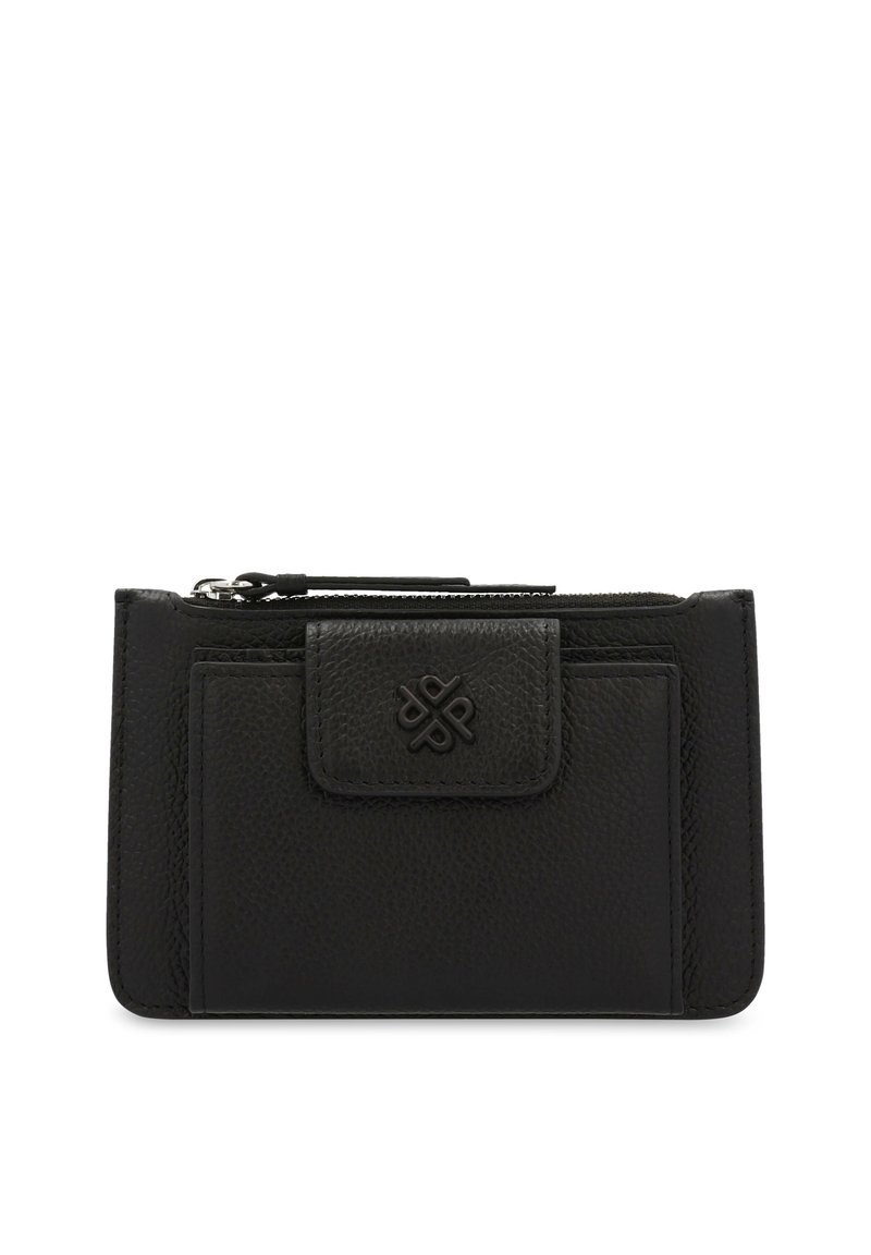 Black leather wallet with a textured surface, featuring a front flap closure, zipper compartment, and embossed logo detail on the flap.