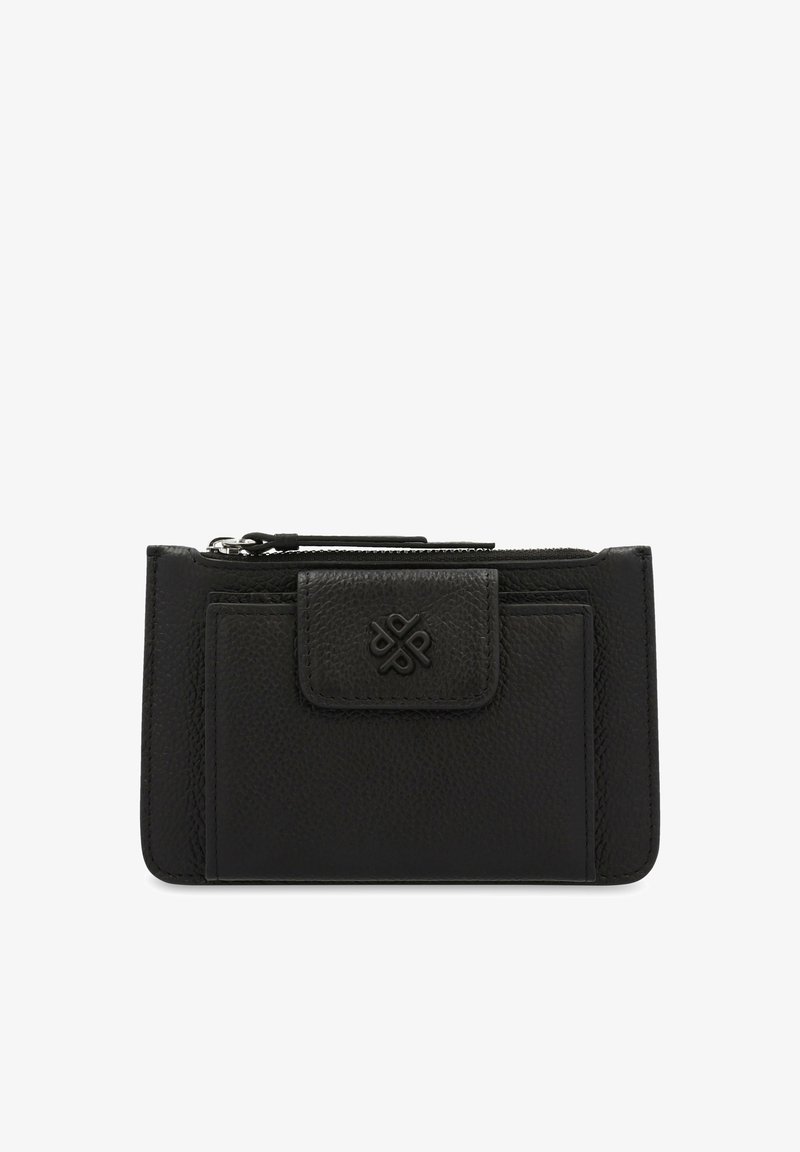 Black leather wallet with a textured surface, featuring a front flap closure, zipper compartment, and embossed logo detail on the flap.
