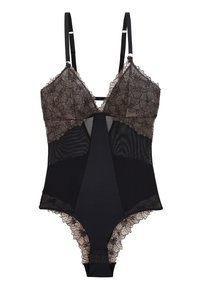 Bodysuit noir avec des détails en dentelle florale au niveau de la poitrine et du cou, en tissu en maille transparente, avec des bretelles réglables et une finition en dentelle le long des jambes.