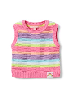 Ärmellose, gestrickte Kinderweste mit pinkfarbenem Rand und mehrfarbigen horizontalen Streifen in Lila, Blau, Grün, Pfirsich und Weiß.