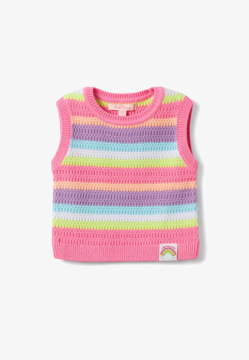 Veste tricotée pour enfants sans manches avec bordure rose et rayures horizontales multicolores en violet, bleu, vert, pêche et blanc.