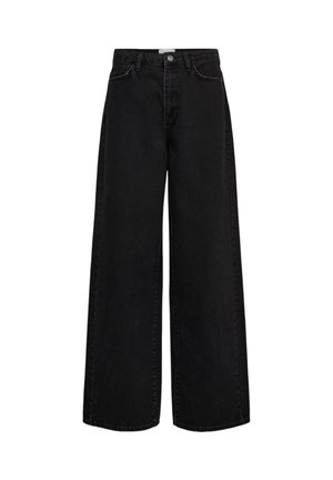 Black wide-leg jeans made from denim. Features a button closure, five-pocket design, and clean lines with no visible distressing.