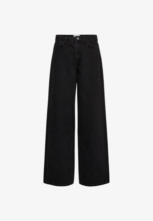 Pantalones vaqueros negros de pierna ancha hechos de mezclilla. Cuentan con cierre de botón, diseño de cinco bolsillos y líneas limpias sin desgaste visible.