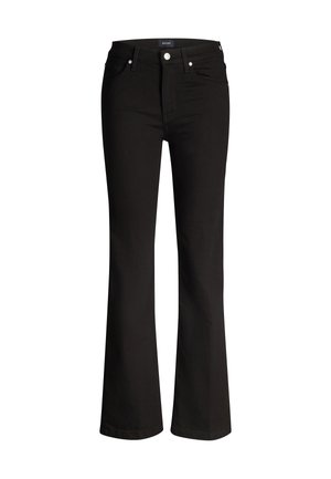 Zwarte flared jeans gemaakt van stretchdenim met een gladde textuur, een ontwerp met vijf zakken en metalen details bij de tailleband en zakken.