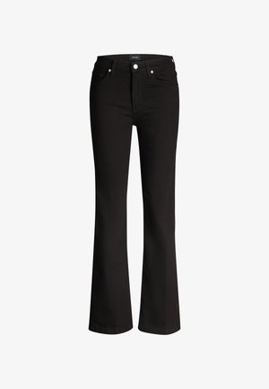 Zwarte flared jeans gemaakt van stretchdenim met een gladde textuur, een ontwerp met vijf zakken en metalen details bij de tailleband en zakken.