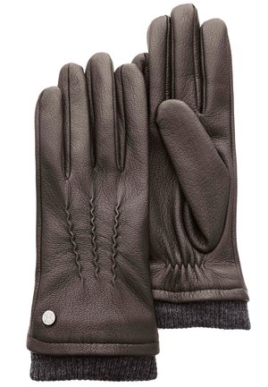 Guanti in pelle marrone con una texture morbida, dotati di cinque dita, polso elasticizzato e polsini in lana a maglia. Cuciture decorative sul dorso.
