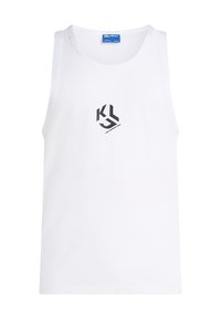 Balta medvilnės tank top marškinėliai, su juodu geometriniu logotipu ant krūtinės ir apvalia kaklo iškirpte be rankovių.