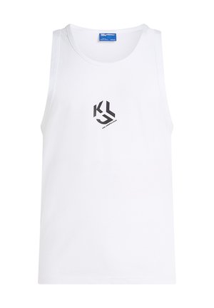 Bela brezrokavna majica iz bombaža, ki na prsih vsebuje črni geometrijski logotip in ima okrogel izrez.