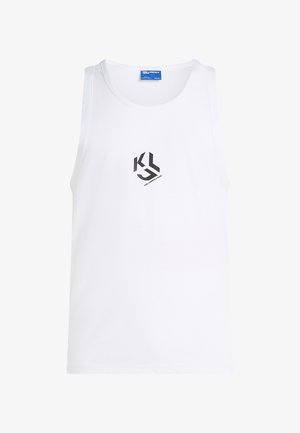 Balta medvilnės tank top marškinėliai, su juodu geometriniu logotipu ant krūtinės ir apvalia kaklo iškirpte be rankovių.