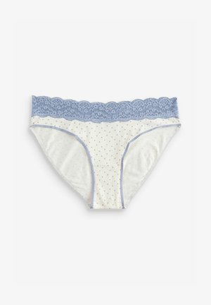 Damenunterwäsche aus weißem Stoff mit hellblauen Punkten, einem blauen Spitzenbund und hellblauen Abschlüssen entlang der Kanten.