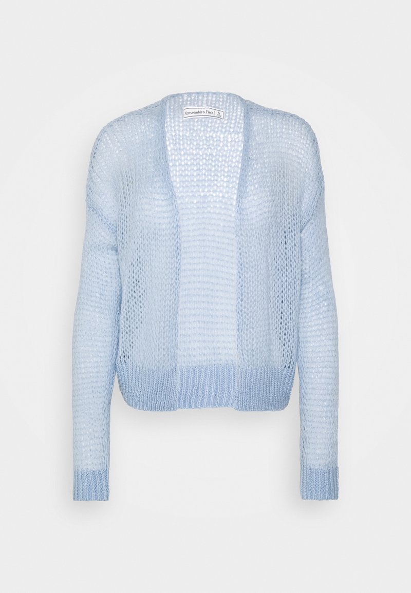 Gilet en tricot bleu clair avec une ouverture frontale ample, des manches longues et un motif texturé et aéré. Les poignets et l'ourlet sont côtelés.