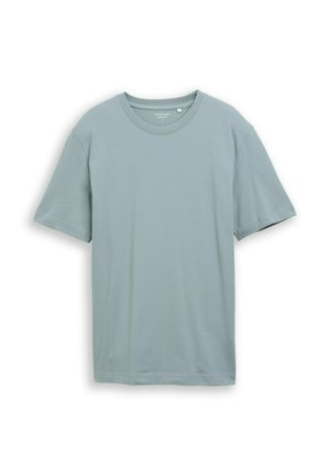 Világoskék, rövid ujjú, kerek nyakú, laza szabású póló, fehér háttér előtt, síkban kihelyezve.