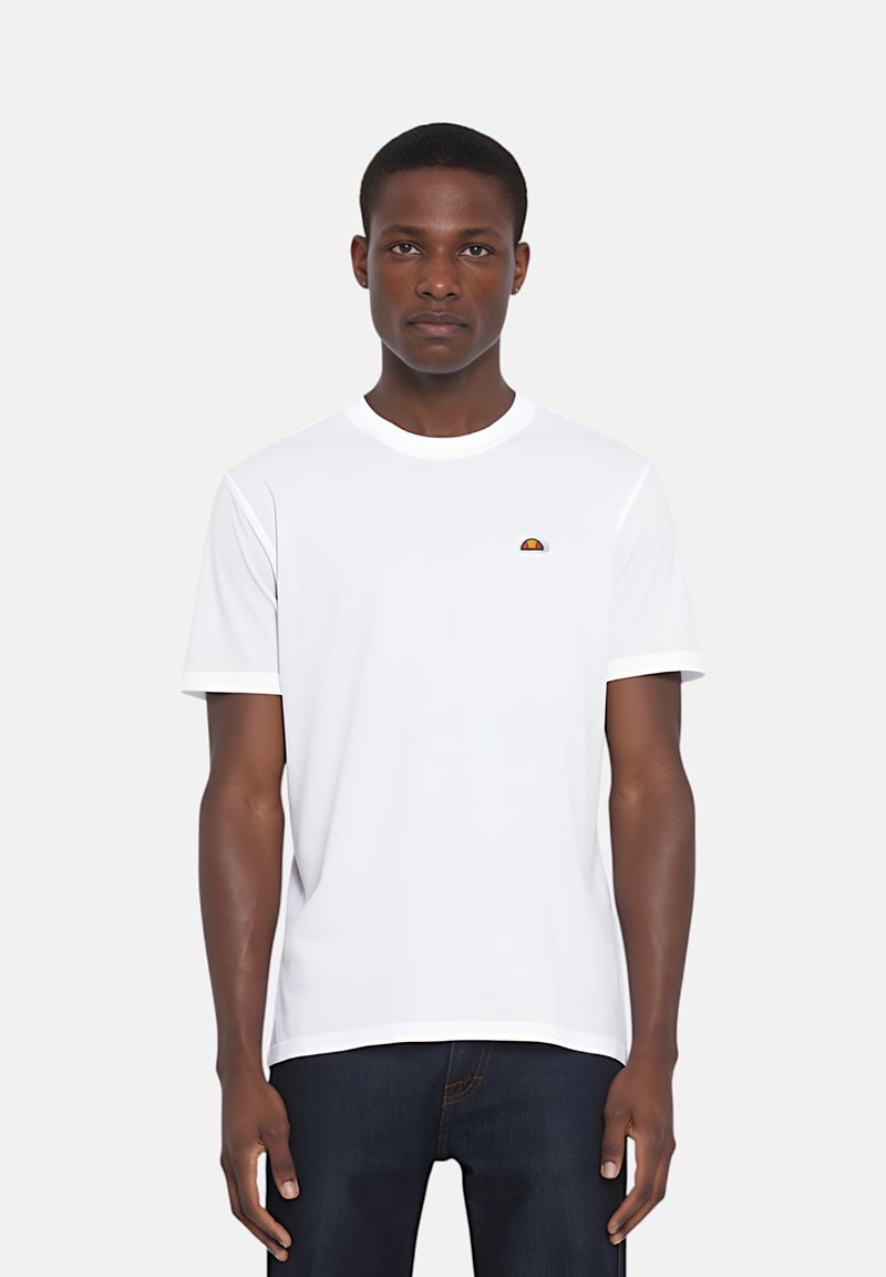 Maglietta bianca a maniche corte con scollo rotondo e un piccolo logo multicolore sul petto. Tessuto morbido e vestibilità comoda.