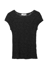 Schwarzes kurzärmliges Spitzenshirt mit Blumenmuster und rundem Halsausschnitt, flach auf einem weißen Hintergrund gezeigt.