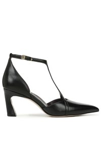 Chaussure à talon haut en cuir noir avec une pointe effilée, un design à bride T et une bride de cheville réglable. Présente un talon fin et une finition épurée.