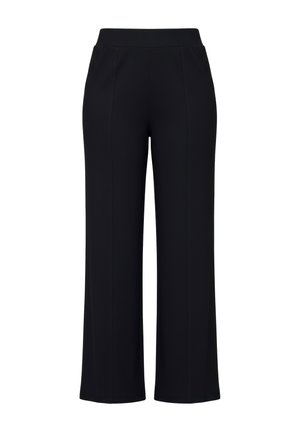 Pantalon noir taille haute à jambes larges avec une subtile texture côtelée verticale, détails de couture à l'avant et taille élastique.