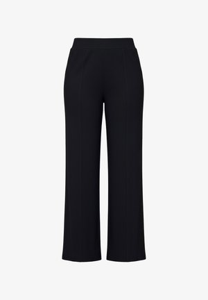 Schwarze, hoch taillierte, weit geschnittene Hose mit feiner vertikaler Rippstruktur, vorderen Nahtdetails und einem elastischen Bund.