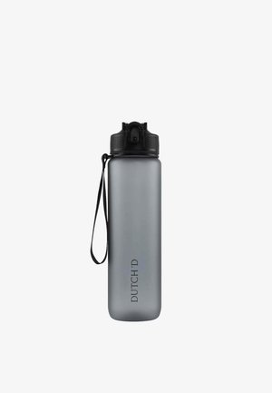 Matte grijze herbruikbare waterfles met zwart flip-top deksel, draagriem en "DUTCH'D" branding op het lichaam.