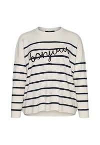 Maglione bianco a maniche lunghe con righe blu navy e "bonjour" ricamato in nero sul petto. Design morbido e casual con una vestibilità comoda.