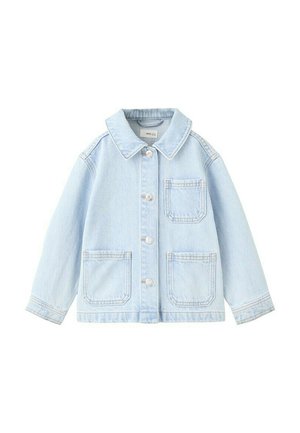 Veste en jean bleu clair avec col, quatre boutons de fermeture et trois poches plaquées à l'avant.