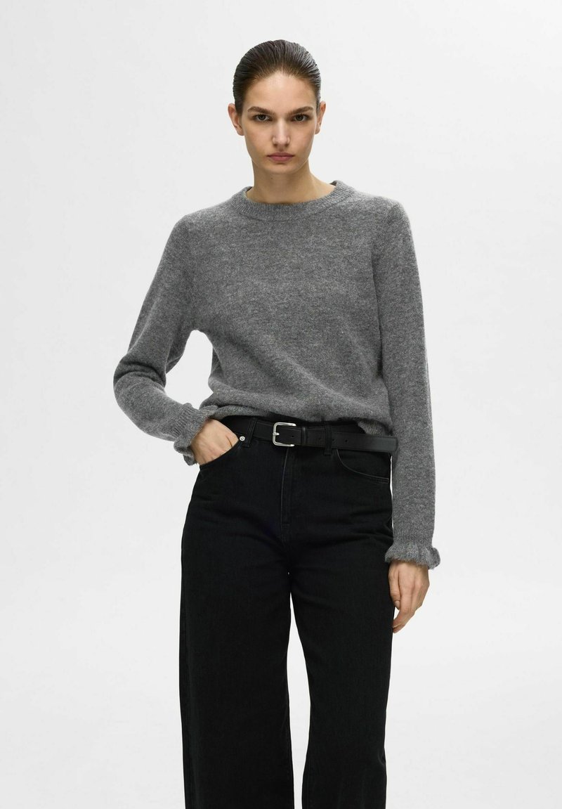 Selected Femme SLFLULU FRILL CUFF O NECK - Maglione - medium grey melange