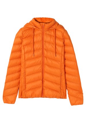 Orange puffer jacket with a zip front, hood, and drawstrings. Features a quilted design with horizontal stitching and smooth texture.