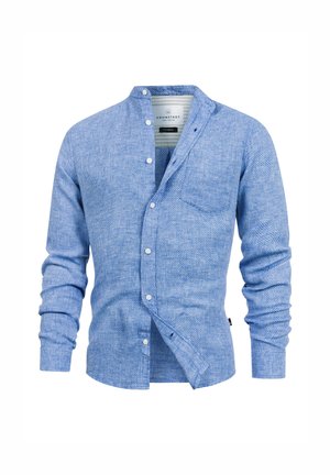 Hellblaue, strukturierte Herrenlangarmhemd mit Knopfleiste vorne, Mandarinkragen und Brusttasche, oben leicht aufgeknöpft.