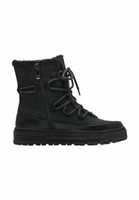 Bottes noires de cheville avec un col rembourré, un devant à lacets et une fermeture éclair sur le côté. Fabriquées en matériau synthétique avec une semelle texturée pour une meilleure adhérence.