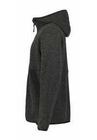 Felpa con cappuccio grigio carbone realizzata in tessuto strutturato, con chiusura frontale con zip, dettagli neri e cappuccio regolabile con coulisse.