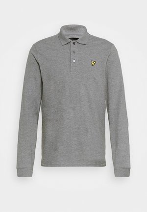 Graues Langarm-Poloshirt mit Kragen und drei Knöpfen, mit einem kleinen gelben Vogel-Logo auf der linken Brust.