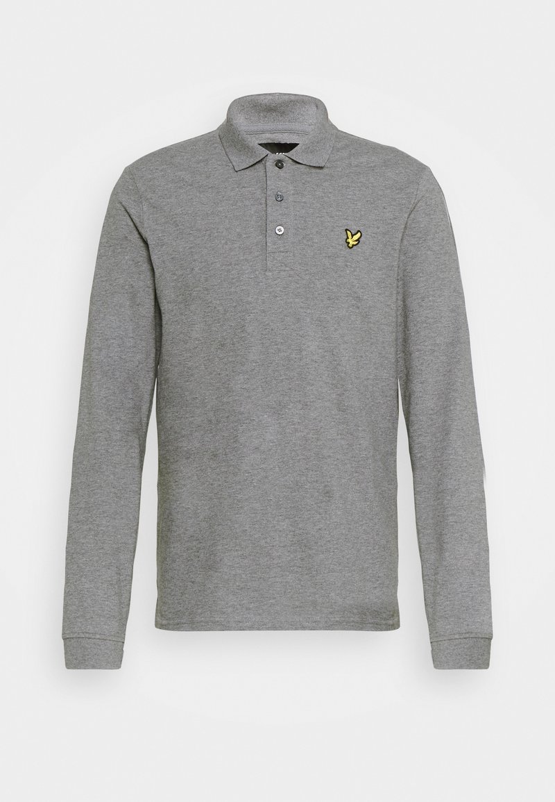 Graues Langarm-Poloshirt mit Kragen und drei Knöpfen, mit einem kleinen gelben Vogel-Logo auf der linken Brust.