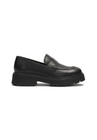 Black leather loafers with a low, chunky sole. Features a smooth finish and raised stitching detail on the toe. Slip-on design.