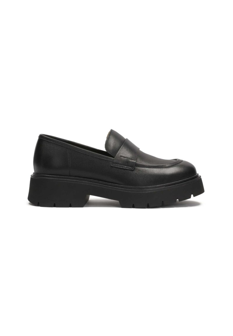 Black leather loafers with a low, chunky sole. Features a smooth finish and raised stitching detail on the toe. Slip-on design.