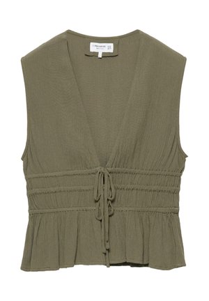 Bluza texturată verde olive fără mâneci, cu decolteu adânc în V, șnur de strângere în talie și tiv cu volane.