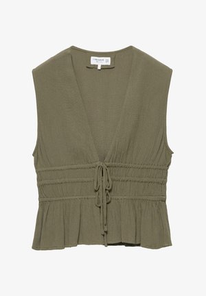 Bluza texturată verde olive fără mâneci, cu decolteu adânc în V, șnur de strângere în talie și tiv cu volane.