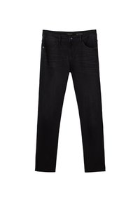 Jean noir taille mi-haute à jambes droites avec poches avant, passants pour ceinture et fermeture par bouton, présenté sur fond blanc.
