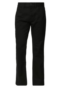 Zwarte katoenen twillbroek met een rechtlijnig ontwerp, voorzien van riemlussen, voorzakken en een enkele achterzak. Strakke, minimalistische details.