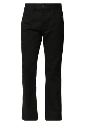Pantalons en twill de coton noir avec une coupe droite, présentant des passants de ceinture, des poches avant et une poche arrière simple. Détails épurés et minimalistes.