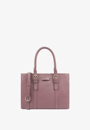 Sac à main en mauve avec poignées doubles et bandoulière réglable. Doté de quincaillerie couleur or et d'une fermeture éclair. Texture lisse.