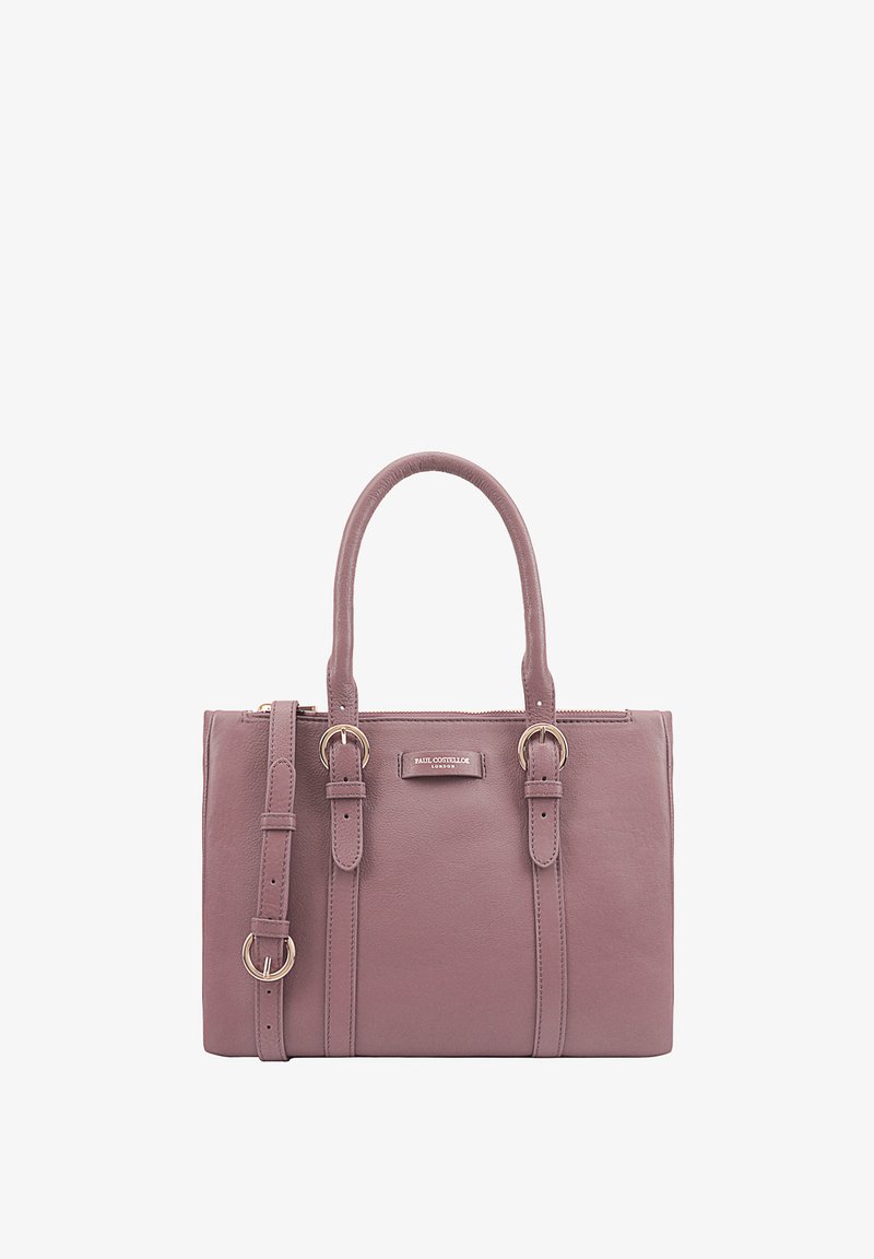 Sac à main en mauve avec poignées doubles et bandoulière réglable. Doté de quincaillerie couleur or et d'une fermeture éclair. Texture lisse.