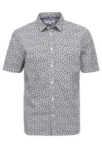 Camicia a maniche corte con bottoni, decorata con un motivo di foglie blu navy e bianche. Realizzata in tessuto leggero, presenta un colletto e cinque bottoni.